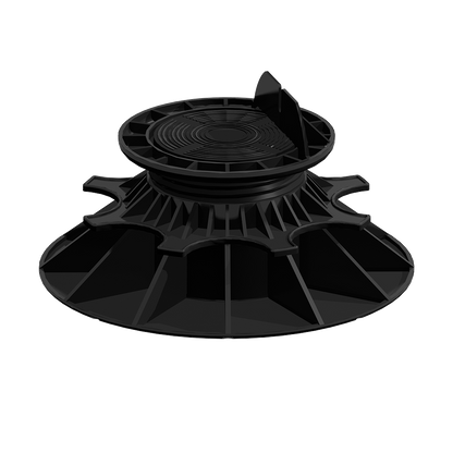 Plot réglable noir à large base et tête circulaire, matière plastique, diamètre environ 20 cm, pour plancher technique sur fond blanc. Référence illisible.