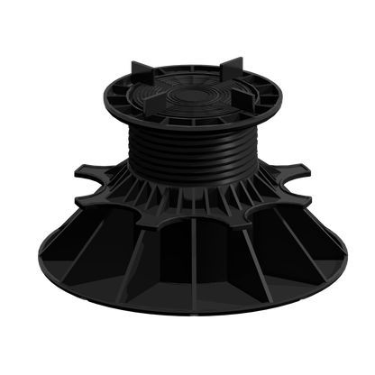 Plot réglable en plastique noir, large base, colonne filetée centrale, pour support de terrasse ou plancher. Diamètre et référence non lisibles.