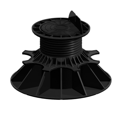 Plot réglable noir à large base et colonne filetée, en plastique, référence P100 visible sur le dessus, diamètre 200 mm, posé sur fond blanc.